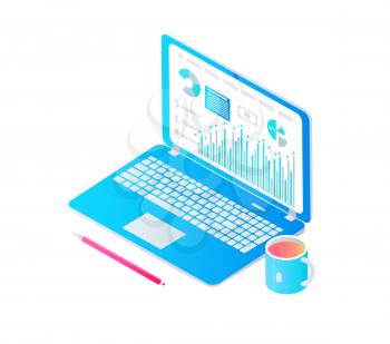 Single laptop on table isolated, cartoon vector banner. Open working tablet with diagrams and charts on screen surrounded with cup of tea and pencil