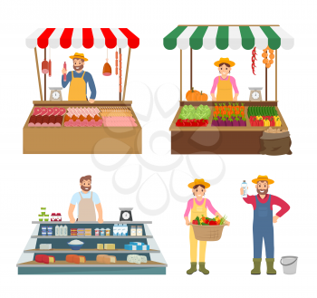 Trade woman and man isolated icons set. Meat and vegetables salesman, farming people with milk products, basket with veggies. Sellers from farm vector