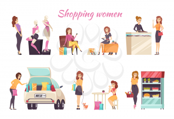 Shopping women poster text with ladies set vector. Female looking at underwear placed on mannequins. Jewelry and cosmetics stall with tubes lotions