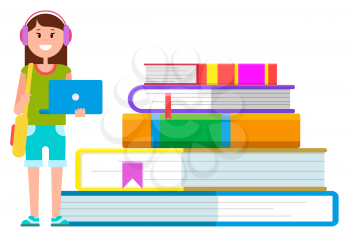 Girl with laptop in hands ready for study. Student stand near big hardcover books from library. Teenager learning educational material using internet and textbooks. Vector illustration in flat style