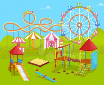 Playground with attractions vector, amusement park with ferris wheel and carousel. Recreation and leisure on weekends, holidays outdoors greenery