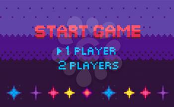 Start game, choose player, space pixel game in purple color decorated by stars, screen of war video-game with wye sign, shine element, adventure vector