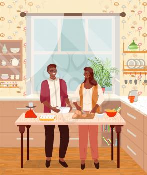 Man and woman making dinner together. Couple in love baking in kitchen. Brother and sister preparing food for special occasion. People cooking meals for family at home using scales device, vector