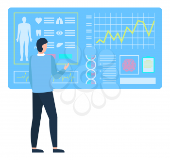 Assistent or doctor male standing near web board with report of complete diagnosis of body. Cardiogram icon on monitor, dna and brain, healthcare vector