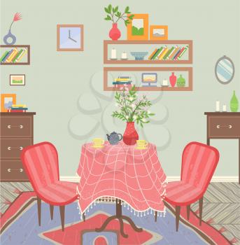 Dining room interior, table with tablecloth. Wooden drawers and shelves with books, aroma candles and photo frames. Decoration of flat. Vector illustration in flat cartoon style