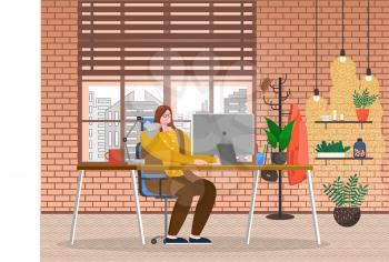 Young woman work on laptop in room. Lady sit on chair by table in homelike cabinet. Interior of office with decor like plants. Big window with cityscape. Vector illustration of workplace in flat style