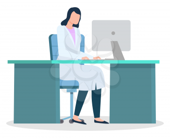 Nurse character sitting at desktop communicating with computer. Hospital element doctor female working with laptop in clinic workplace. Woman medical specialist consultation at cabinet vector