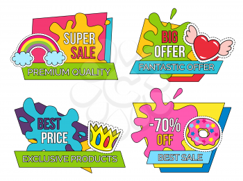 Super sale with best price on premium and exclusive product. Big fantastic offer, up to 70 percent off cost. Set of colorful labels with rainbow and crown, heart and donut. Vector illustration in flat