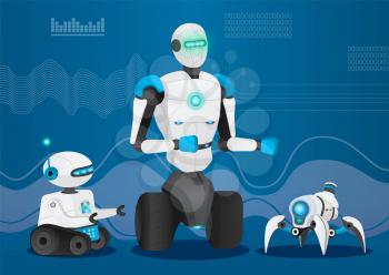 Set of cyborgs of different models and charts with codes on background. Futuristic robots, humanoid and automated machine with antenna for data collection. Innovative technologies of future vector