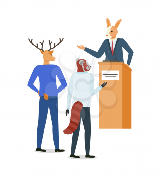 Hipster animal kangaroo speaker vector, isolated deer wearing suit, business colleagues asking questions spokesperson. Orator gesturing character