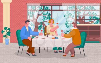 People having lunch or dinner in restaurant or at home. Friends meeting with wine and food like desserts and fruits. Luxury interior, big window with beautiful landscape. Vector illustration in flat