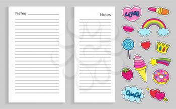 Collection of stickers and notebook pages with lines and copy space. Isolated patches with rainbow and clouds, lipstick and hearts. Crown and ice cream icons set. Vector in flat style illustration