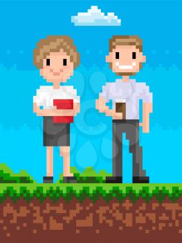 Man and woman on nature vector, lady holding book publication in cover and male standing with cup of hot beverage, male and female pixelated personage