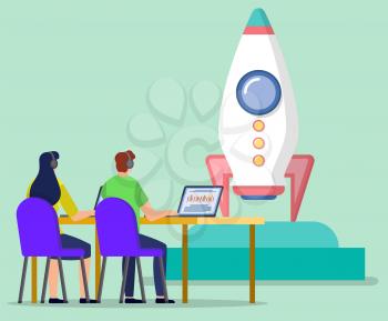 Rocket or spaceship start or launch, startup concept vector. Teamwork, man and woman with laptops in headset, cooperation and co-working. Business idea development and realization illustration