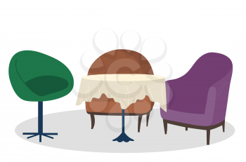 Three armchairs and single leg table for meal. Place for relax and meal in cafeteria, homelike interior. Desk with tablecloth in coffeehouse or cafe. Vector illustration of furniture in flat style