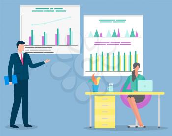 Graphics, business concept, diagram and chart, man and woman vector. Statistics and analytics, management and marketing strategy. Entrepreneurship, teamwork or co-working, graphs illustration