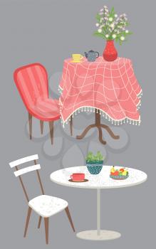 Home or cafe furniture vector, isolated table with chair flat style interior decoration. Interior of place for eating. Desk with tablecloth, vase and cup of tea, fruits bowl