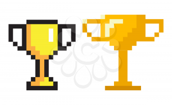Pixel game icons vector, isolated trophies pixelated awards for winner of competition. 8 bit graphics, golden prize cups success celebration praise