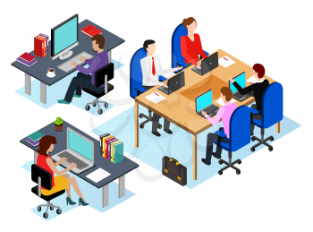 Office workers using laptops to analyze data and info at screens. People with computers at work. Employers at conference sharing thoughts on projects. Managers job, vector in isometric 3D style