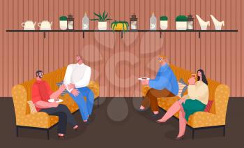 Home reception of friends sitting on sofa with cushions and speaking together. Conversation of man and woman eating cake and drinking wine. People sitting on soft place with pastry food vector