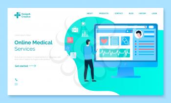 Online medical services, consultation with doctor and results check up. Hospital or clinic technologies for diagnosis making. Healthcare devices. Website or webpage template, landing page vector