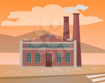 Industrial enterprises vector, cityscapes and cities with factories. Smoke and fumes from pipes, industry development, manufacture old town structure. Urbanscape road Building of factory. Flat cartoon