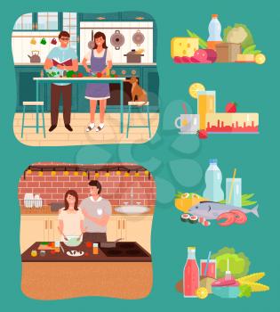 Two couples stand by tables in kitchen. Kitchenware, cutlery and products for meal on desk. Icons of ingredients and food, vegetables and fruits, liquids and cake, fish and meat. Vector illustration