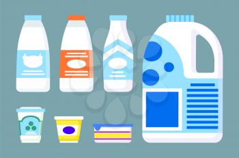 Milk and dairy products set, isolated icons of containers with emblems. Yogurt and beverage containing lactose. Tasty organic meal and food assortment in store or supermarket. Flat style vector