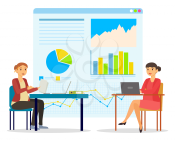 Pregnant women working in office, expectant mothers using laptops for work. Whiteboard with charts and information on company development. Colleagues working on project, vector in flat style