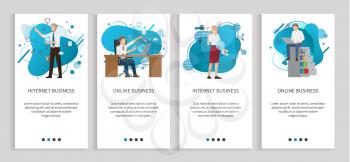 Business in online format vector, man and woman workplace of businessman with laptop, innovative technologies, digital connection with text. Website or app slider, landing page flat style