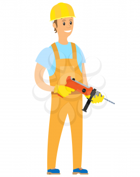 Smiling repairman in yellow working suit holding drill, portrait view of handyman holding repairing equipment, wearing helmet and gloves, builder vector
