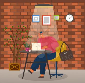 Female freelancer sitting at table with laptop in coffeehouse. Interior view of cafe with brick wall, light and clock symbol. Smiling woman working with wireless device in public place vector