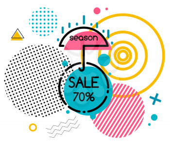Season sale 70 percent off isolated banner with geometrical figures of different shapes. Vector circles and umbrellas, triangles and waves, poster in memphis style. Special discount illustration
