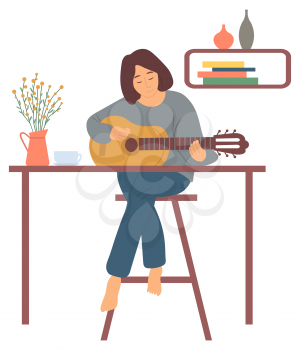 Woman playing guitar, hobby of female guitarist sitting on chair with instrument, room decorated by wooden furniture, house-plant and books on shelf vector