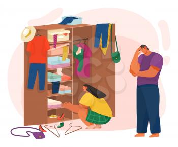 Man and woman choosing clothes in cupboard. Female character clearing wardrobe with dress, accessories and bags symbols. Wooden furniture with hanger and boxes with clothing, life of couple vector