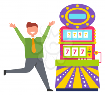 Character happy to win money in casino vector, gambler running with smile on face. Machine showing 777 on screen, lucky sevens bingo, gambling hobby