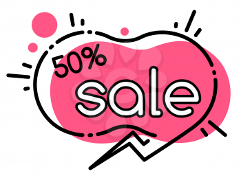 Big sale in shops and stores, clearance. Discounts up to 50 percent off price on products. Advertising geometric bubble. Simple outline label with promotion caption. Vector illustration in minimalism
