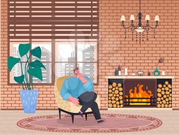 Smiling man sitting on soft armchair near fireplace. Home reception of male character relaxing near flame woods and window with skyscraper view. Interior of hall with person and fire logs vector
