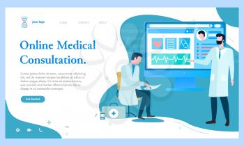 Online medical consultation, experts telling diagnosis. Scientists making researches and experiments in laboratory. Doc showing info to practitioner. Website or webpage template, landing page vector