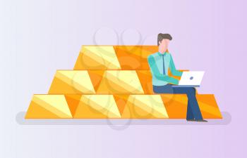 Man sitting on pile of gold and typing on notebook. Vector male on golden bar isolated cartoon investor or financial analyst working with laptop, invest