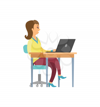 Business worker at desktop, woman or girl with laptop vector. Isolated female character office employee with portable computer on table, businesswoman