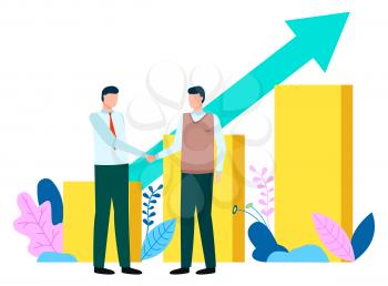 Business with China partnership and successful report. Employee characters shaking hands, growth chart and arrow symbols. Professional workers and successful international cooperation vector