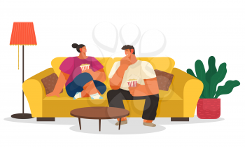 Man and woman at home eating popcorn and talking. Interior of house of young couple. Male and female sitting on comfortable couch, surrounded by plant, lamp and wooden table. Vector in flat style