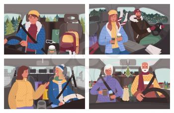 People sitting in car and traveling together in winter road trip. Man and woman with autobag and cup of coffee in transport. Grandmother and grandfather travelers in auto frosty season vector