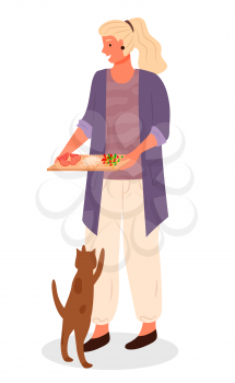 Woman hold cutting board with sliced vegetables for cooking food. Cat jumping and begging food from owner. Blonde woman and her spotted pet isolated on white. Vector illustration in flat style