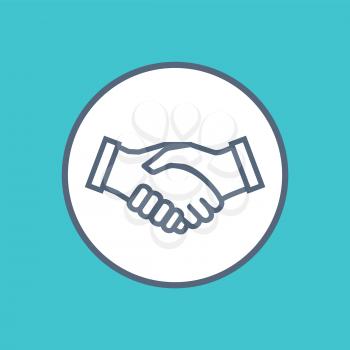 Handshake icon symbol of collaboration and partnership in circle. Agreement and unity symbol or sign, hands shaking each other vector isolated on blue