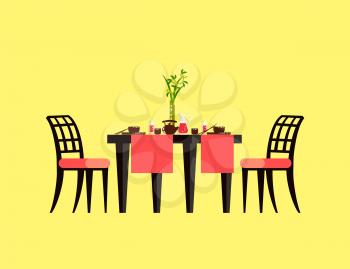 Table serving with ceramics teapot and cups, plates with hashi, glass with drink. Board with chairs on yellow, dining for two, empty dishes 3D vector
