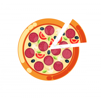 Pizza slice vector, pizzeria Italian food cuisine isolated icon. Rounded meal with salami, mushrooms and olives, greenery and tomatoes, crust bakery