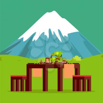 Japanese restaurant table with mountain on horizon vector. Sushi and rolls, tea and sake, tablecloth and bonsai tree, meadow and cuisine of Japan