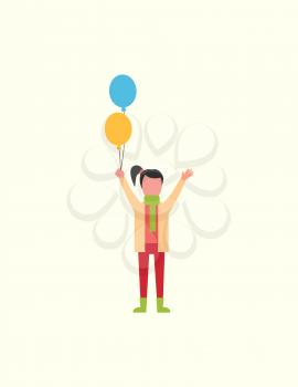 Child girl happy with decorative balloons in hands vector. Childhood of kid in good mood, female playing outdoors with toys. Cheerful young person
